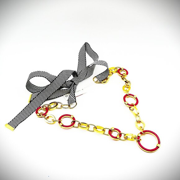 TRINA TURK Gold Plated Fuchsia Resin Black/White Ribbon Adjustable Necklace - Picture 1 of 8